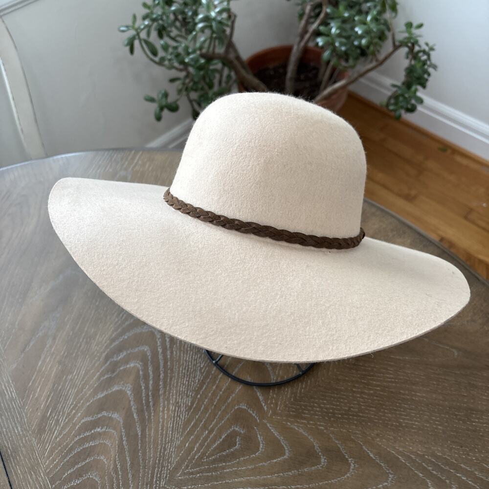 100% Wool Francesca's Wide Brim Floppy Sun Hat Braided Band Boho Cottagecore - Picture 2 of 7